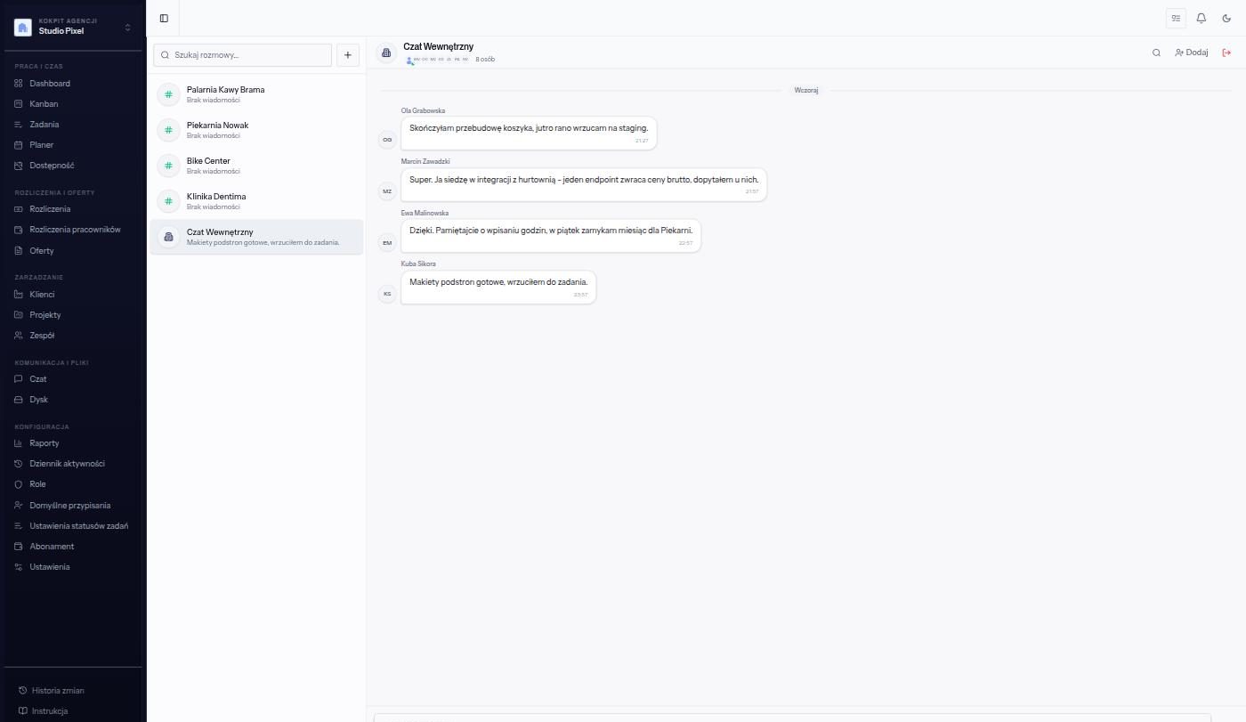 Chat in Yuteki: channels of four clients and the agency's internal chat, with a team conversation about current tasks and closing the month.
