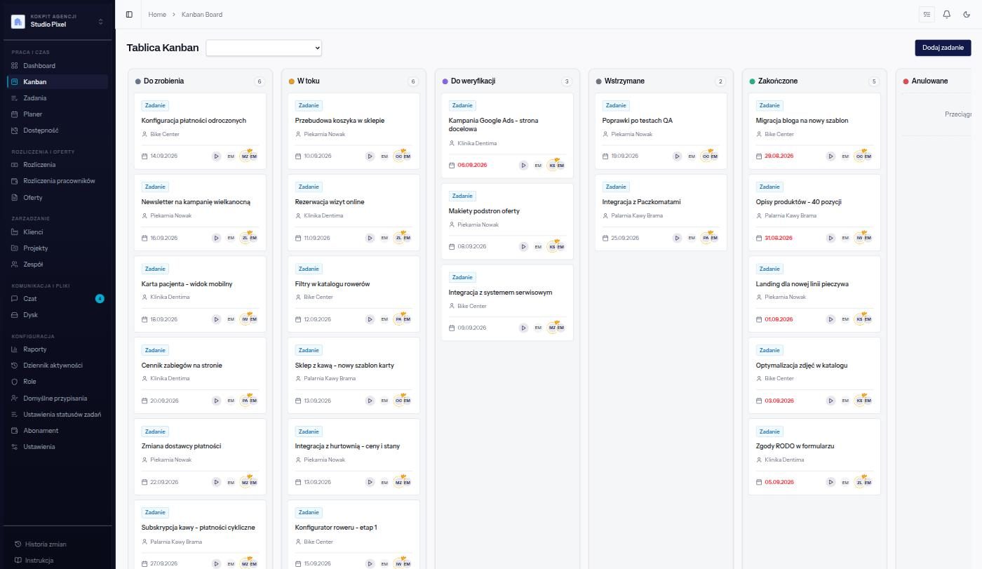 Tablica kanban w Yuteki: kolumny Do zrobienia, W toku, Do weryfikacji, Wstrzymane i Zakończone z dwudziestoma kilkoma zadaniami czterech klientów agencji.