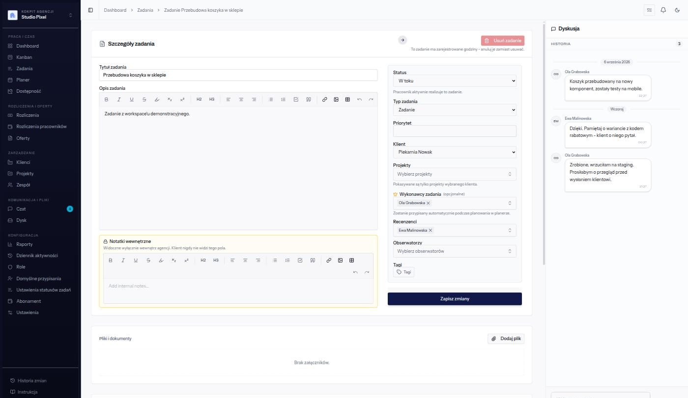 A task in Yuteki with assignee, reviewer and observer roles, an internal note invisible to the client and the team discussion next to it.